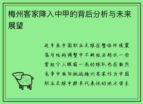 梅州客家降入中甲的背后分析与未来展望